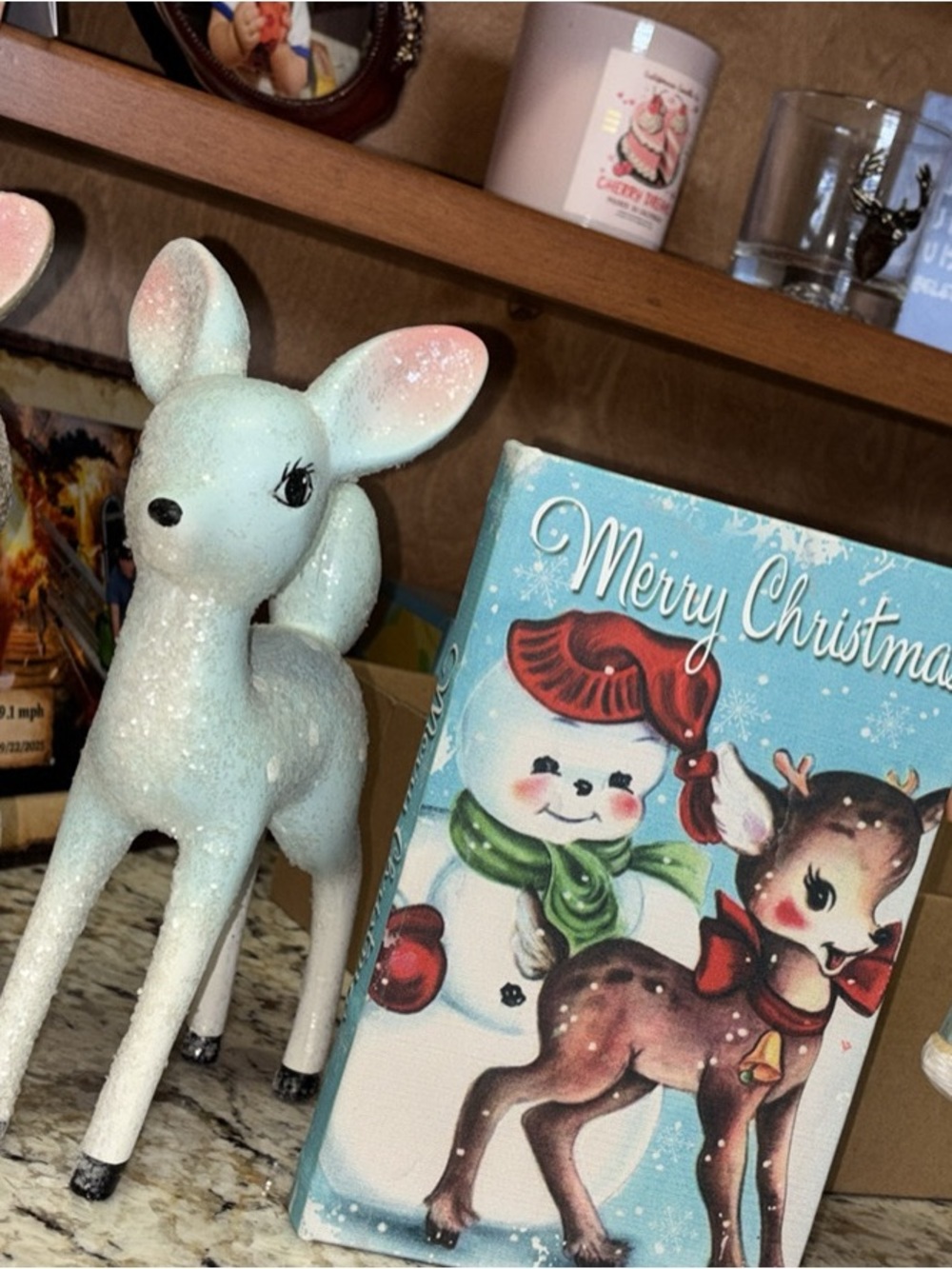 Vintage-Inspired Blue Glitter Deer Figurine